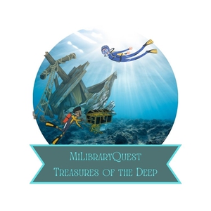 MiLibraryQuest logo with a shipwreck, diver, and text "MiLibraryQuest Treasures of the Deep"